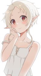 Rule 34 | 1girl, ahoge, aomi wool, brown eyes, closed mouth, commentary request, elf, looking at viewer, mushoku tensei, partial commentary, pointy ears, short hair, sleepwear, smile, solo, strap slip, sylphiette (mushoku tensei), white hair