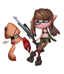 Rule 34 | 1girl, asymmetrical gloves, bikini, blue eyes, boots, brown hair, combat boots, cosplay, facepaint, flat chest, gloves, gun, harness, highres, inkling player character, kumiko shiba, mechanical arms, metal gear (series), metal gear solid v: the phantom pain, mismatched gloves, nintendo, pantyhose, pantyhose over swimsuit, pointy ears, prosthesis, quiet (metal gear), quiet (metal gear) (cosplay), rifle, scope, single mechanical arm, smile, sniper rifle, splatoon (series), splatoon 1, squid, swimsuit, torn clothes, torn legwear, venom snake, venom snake (cosplay), weapon