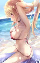 Rule 34 | 1girl, armpits, arms up, ass, bikini, black choker, blonde hair, blue sky, blush, breasts, choker, cleavage, covered erect nipples, day, ear piercing, from side, highres, horizon, inflatable toy, jewelry, kitagawa marin, long hair, looking at viewer, looking to the side, medium breasts, mouth hold, natuna natu, navel, necklace, outdoors, piercing, profile, purple eyes, red ribbon, ribbon, seductive smile, side-tie bikini bottom, sideways glance, sitting, sky, smile, solo, sono bisque doll wa koi wo suru, stomach, straddling, swimsuit, tying hair, untied bikini, upright straddle, very long hair
