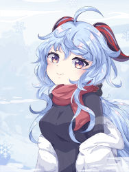 Rule 34 | absurdres, ahoge, alternate costume, blue hair, blush, bow, bowtie, breasts, coat, curled horns, ganyu (genshin impact), genshin impact, highres, horns, long hair, looking at viewer, low ponytail, medium breasts, melonbread, purple eyes, scarf, sidelocks, smile, snowflakes, solo, sweater, winter clothes, winter coat