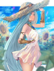 Rule 34 | 1girl, arm up, bare shoulders, blue eyes, blue hair, blue sky, blurry, breasts, bridal gauntlets, closed mouth, cloud, cowboy shot, day, depth of field, dress, flower, from side, granblue fantasy, grey hat, hat, long hair, looking at viewer, looking to the side, lyria (granblue fantasy), no panties, outdoors, reki (dezuko), see-through, sky, sleeveless, sleeveless dress, small breasts, smile, solo, standing, straight hair, straw hat, sun hat, sunflower, very long hair, white dress