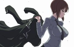 Rule 34 | 10s, 1girl, alternate costume, black jacket, black necktie, brown eyes, brown hair, closed mouth, commentary, dress shirt, from side, frown, girls und panzer, half-closed eyes, holding, holding clothes, holding jacket, jacket, unworn jacket, long sleeves, military, military uniform, muchabou, necktie, nishizumi maho, serious, shirt, short hair, simple background, solo, standing, uniform, upper body, white background, white shirt