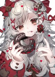 Rule 34 | 1girl, :t, absurdres, bandaid, bandaid on hand, blush, bow, closed mouth, doughnut, ear piercing, earrings, food, food on face, grey hair, grey nails, hair ornament, hairband, hands up, heart, heart hair ornament, highres, holding, holding food, jewelry, karo (karohroka), long hair, long sleeves, looking at viewer, multicolored nails, original, piercing, puffy long sleeves, puffy sleeves, red bow, red hairband, red nails, red theme, solo, upper body