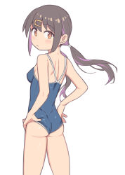 Rule 34 | 1girl, alternate hairstyle, ass, bare arms, bare legs, bare shoulders, black hair, blue one-piece swimsuit, breasts, broken, competition school swimsuit, from behind, hair ornament, hairclip, hands on own hips, highres, light blush, long hair, looking at viewer, looking back, low twintails, medium breasts, multicolored hair, one-piece swimsuit, onii-chan wa oshimai!, oyama mihari, purple hair, saiste, school swimsuit, shoulder blades, simple background, solo, streaked hair, swimsuit, twintails, two-tone hair, white background