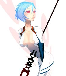 Rule 34 | 1girl, ayanami rei, blue hair, bodysuit, breasts, cleavage, dskb, lance, lance of longinus (evangelion), large breasts, neon genesis evangelion, open bodysuit, open clothes, open shirt, pink eyes, plugsuit, polearm, red eyes, shirt, solo, spear, weapon