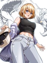 Rule 34 | 1girl, baseball cap, black shirt, blue eyes, blush, breasts, buttons, commentary request, contrapposto, cowboy shot, dragon, from below, grey pants, grey shirt, hat, highres, holding, holding clothes, holding hat, light brown hair, looking at viewer, medium bangs, medium breasts, midriff, multicolored hair, nanashi inc., navel, official alternate costume, open mouth, orange hair, pants, shirt, shirt partially removed, short hair, sleeveless, sleeveless shirt, smile, solo, tomo tomotosix, touri sei, touri sei (2nd costume), two-tone hair, unworn hat, unworn headwear, virtual youtuber, white background