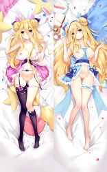 Rule 34 | 1girl, bare arms, bare legs, blonde hair, breasts, censored, closed mouth, dakimakura (medium), date a live, gluteal fold, hair over face, highres, holding, hoshimiya mukuro, large breasts, long hair, looking at viewer, lying, mosaic censoring, multiple views, navel, nipples, no bra, on back, on bed, open clothes, open shirt, panties, panty pull, purple panties, purple thighhighs, thighhighs, touxing no diluka, underwear, very long hair, yellow eyes