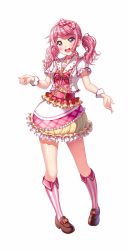 Rule 34 | 1girl, :d, bang dream!, blush, bow, brown footwear, center frills, choker, clenched hand, commentary request, earrings, flower, flower earrings, frilled shirt, frilled skirt, frills, full body, hair bow, hair flower, hair ornament, highres, jewelry, kenkou toshikou, kneehighs, looking at viewer, maruyama aya, neck ribbon, open mouth, pink choker, pink eyes, pink hair, pink socks, plaid, plaid bow, red bow, ribbon, sailor collar, shirt, shoes, short sleeves, sidelocks, simple background, skirt, smile, socks, solo, standing, striped choker, striped clothes, striped ribbon, striped socks, twintails, vertical-striped clothes, vertical-striped socks, white background, wrist cuffs