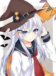 Rule 34 | 1girl, anchor symbol, arm behind head, arm up, belt, black belt, black sailor collar, blush, brown hat, buckle, cape, collarbone, gradient background, grey eyes, hair between eyes, hair ornament, hairclip, halloween, hat, hat belt, hibiki (kancolle), hikobae, kantai collection, long hair, long sleeves, looking at viewer, neckerchief, red neckerchief, sailor collar, school uniform, serafuku, silhouette, silver hair, smile, solo, string of flags, torn cape, torn clothes, torn hat, upper body, witch hat