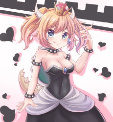 Rule 34 | 1girl, absurdres, aisha (rfrm), armlet, bare arms, bare shoulders, black collar, black dress, blonde hair, blue eyes, blush, bowsette, bracelet, breasts, brooch, cleavage, collar, commentary request, covered navel, cowboy shot, crown, dress, earrings, fang, fang out, gradient background, hand up, heart, highres, horns, jewelry, looking at viewer, mario (series), medium breasts, mini crown, new super mario bros. u deluxe, nintendo, pink background, short hair, silhouette, smile, solo, spiked armlet, spiked bracelet, spiked collar, spiked shell, spikes, standing, strapless, strapless dress, super crown, tail, twintails, v-shaped eyebrows, white background