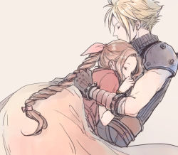 Rule 34 | 1boy, 1girl, aerith gainsborough, ancotsubu, arm around back, armor, belt, blonde hair, blue pants, blue shirt, bracelet, braid, braided ponytail, brown hair, closed eyes, cloud strife, couple, cuddling, dress, earrings, final fantasy, final fantasy vii, final fantasy vii remake, gloves, hair ribbon, hand on another&#039;s chest, highres, jacket, jewelry, long dress, multiple belts, pants, parted bangs, pink dress, red jacket, ribbon, shirt, shoulder armor, single earring, sleeveless, sleeveless turtleneck, spiked hair, square enix, turtleneck, upper body