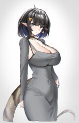 Rule 34 | 1girl, absurdres, alternate breast size, alternate costume, arknights, black hair, blue eyes, blue hair, breasts, cleavage, commentary request, covered navel, cropped tail, dress, eunectes (arknights), grey dress, hair ornament, highres, horn/wood, huge breasts, long sleeves, looking at viewer, multicolored hair, open mouth, pointy ears, short hair, simple background, slit pupils, snake tail, solo, streaked hair, tail, upper body, white background
