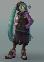 Rule 34 | 1girl, aqua hair, black pantyhose, boots, commentary, earmuffs, full body, gradient background, green eyes, hands in pockets, hatsune miku, headphones, jacket, long hair, long skirt, mask, mouth mask, pantyhose, pleated skirt, skirt, solo, surgical mask, tessaku ro, translated, twintails, very long hair, vocaloid, winter clothes