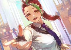 Rule 34 | 1girl, :d, breasts, brown eyes, brown hair, building, collared shirt, commentary request, creatures (company), day, fingerless gloves, freckles, game freak, gloves, green hair, highres, lamppost, large breasts, long hair, multicolored hair, necktie, nemona (pokemon), nintendo, open mouth, otsudou, outdoors, outstretched hand, pokemon, pokemon sv, ponytail, purple necktie, shirt, single glove, smile, solo, strap, teeth, two-tone hair, upper body, upper teeth only, white shirt