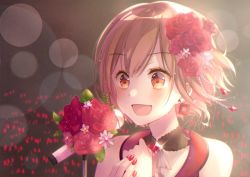 Rule 34 | 1girl, asagao minoru, audience, bare shoulders, beads, black collar, blurry, bokeh, brooch, brown eyes, brown hair, collar, commentary, concert, depth of field, earrings, flower, glowstick, hair beads, hair flower, hair ornament, hands on own chest, jewelry, leaf, meiko (vocaloid), music, nail polish, open mouth, own hands together, portrait, red flower, red nails, red shirt, shirt, singing, sleeveless, sleeveless shirt, smile, solo, vocaloid, white flower