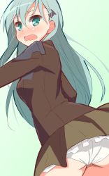 Rule 34 | 10s, 1girl, 9law, bad id, bad pixiv id, blush, from behind, green background, green eyes, green hair, highres, kantai collection, long hair, looking at viewer, looking back, matching hair/eyes, open mouth, panties, pantyshot, simple background, skirt, solo, suzuya (kancolle), underwear, white panties