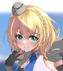 Rule 34 | 1girl, black gloves, blonde hair, blouse, blue eyes, blue necktie, braid, capelet, colorado (kancolle), commentary request, elbow gloves, garrison cap, gloves, grey capelet, grey hat, hat, kantai collection, necktie, o-sirius, shirt, short hair, side braids, sleeveless, solo, white shirt