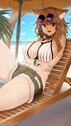Rule 34 | 1girl, absurdres, arknights, arms under breasts, beach chair, beach umbrella, bikini, blue nails, blue sky, bracelet, braid, breasts, brown hair, buchi k018, cloud, cloudy sky, cowboy shot, day, eyewear on head, fang, fingernails, groin, hair ornament, hairclip, highres, jewelry, large breasts, long fingernails, long hair, looking at viewer, nail polish, navel, necklace, official alternate costume, open mouth, outdoors, palm tree, planted, planted umbrella, purple-tinted eyewear, purple eyes, short shorts, shorts, sitting, skin fang, sky, solo, striped bikini, striped clothes, sunglasses, swimsuit, thighs, tinted eyewear, tree, umbrella, utage (arknights), utage (summer flowers) (arknights), x hair ornament