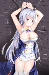 Rule 34 | 1girl, absurdres, armpits, azur lane, braid, breasts, buttons, chain, chained, cleavage, cleavage cutout, clothing cutout, double-breasted, french braid, gold trim, highres, kanesada dp, large breasts, light purple hair, looking at viewer, miniskirt, purple eyes, restrained, rodney (azur lane), skirt, sleeveless, solo, thighhighs, wall, white skirt, white thighhighs
