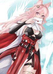 Rule 34 | 1girl, absurdres, animal ears, arknights, belt, breasts, commentary, cowboy shot, hair ornament, highres, holding, holding letter, large breasts, letter, long sleeves, looking at viewer, pink eyes, pink hair, pozyomka (arknights), red skirt, skirt, solo, standing, superbeek4, thigh strap, thighs, wolf ears