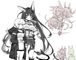 Rule 34 | 4girls, :q, amiya (arknights), animal ears, arknights, arm around waist, baiwei er hao ji, belt, blaze (arknights), blush, breasts, carrying, carrying over shoulder, carrying person, carrying under arm, cat ears, commentary request, doctor (arknights), dress, extra ears, feet out of frame, female doctor (arknights), fingerless gloves, fingers together, flying sweatdrops, gloves, greyscale, hairband, head bump, hood, hood down, hooded jacket, infection monitor (arknights), jacket, kal&#039;tsit (arknights), large breasts, long hair, medium breasts, monochrome, multiple belts, multiple girls, one eye closed, open clothes, open jacket, pocket, ponytail, rabbit ears, running, simple background, smile, tall female, tearing up, tongue, tongue out, v-shaped eyebrows, very long hair, white background