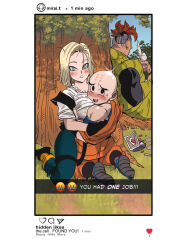 Rule 34 | 1girl, 2boys, amartbee, android 17, android 18, animal, animal on hand, animal on head, bald, bare shoulders, between breasts, bird, bird on head, black vest, blonde hair, blue eyes, blush, breasts, caught, cellphone photo, commentary, damaged, disheveled, dragon ball, dragonball z, earrings, grabbing, grabbing another&#039;s breast, head between breasts, hetero, highres, jewelry, kuririn, looking at viewer, martial arts belt, multiple boys, necklace, on head, open clothes, open vest, partially undressed, pearl necklace, shirt, short hair, short sleeves, t-shirt, undressing, vest