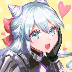Rule 34 | 1boy, androgynous, arm guards, armor, black gloves, blue eyes, blue hair, bow, eyelashes, fire emblem, fire emblem engage, gloves, hair between eyes, hair bow, half updo, hand on own face, hand up, heart, highres, light blue hair, long hair, looking at viewer, male focus, multicolored eyes, multicolored hair, nintendo, pink bow, pink eyes, pink lips, polka dot, polka dot background, rosado (fire emblem), solo, teeth, trap, twitter username, two-tone hair, upper body, upper teeth only, yellow background, youhei choregi