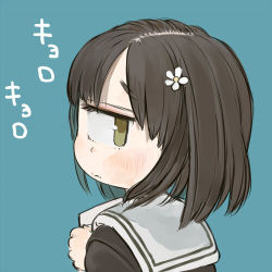 Rule 34 | 1girl, :s, blue background, blush, brown hair, brown shirt, closed mouth, commentary request, daisy, ebimomo, flower, from behind, grey sailor collar, hair flower, hair ornament, holding, light blush, looking at viewer, looking back, lowres, original, paper, portrait, sailor collar, school uniform, serafuku, shirt, simple background, solo, wavy mouth, white flower