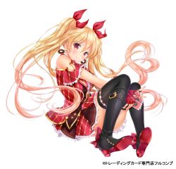Rule 34 | 1girl, belt, black thighhighs, blonde hair, blush, boots, bow, buckle, card, doughnut, earrings, eyebrows, fingerless gloves, food, full body, gloves, hair between eyes, hair bow, high heel boots, high heels, holding, jewelry, long hair, looking at viewer, moyon, official art, red bow, red eyes, red gloves, sitting, skirt, smile, solo, thighhighs, transparent background, twintails, very long hair