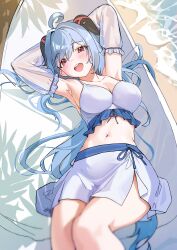 Rule 34 | 1girl, absurdres, ahoge, armpits, arms up, bare shoulders, beach, blue hair, blush, breasts, cleavage, detached sleeves, domodomo0708, ganyu (genshin impact), genshin impact, highres, horns, long hair, looking at viewer, lying, medium breasts, navel, on back, open mouth, purple eyes, sidelocks, smile, solo, swimsuit