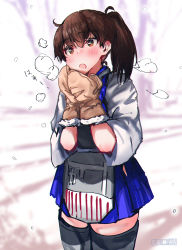 Rule 34 | 1girl, apron, blue hakama, breath, brown eyes, brown hair, brown mittens, commentary request, cowboy shot, flight deck, fur-trimmed mittens, fur trim, hakama, hakama short skirt, hakama skirt, japanese clothes, kaga (kancolle), kantai collection, long hair, mani oniniku, mittens, muneate, scarf, side ponytail, skirt, solo, standing, tasuki, thighhighs, translation request