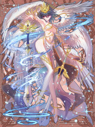 Rule 34 | 1girl, angel, angel wings, anklet, asymmetrical sleeves, black hair, bob cut, breasts, brown background, crop top, crown, dairoku ryouhei, detached sleeves, dress, falling petals, full body, gold trim, hair between eyes, halterneck, jewelry, long sleeves, looking at viewer, materializing, midriff, multiple wings, official art, outstretched arm, parted lips, pelvic curtain, petals, pokira, red eyes, short hair, sparkle, starry sky print, stirrup legwear, sword, thighhighs, toeless legwear, two-sided dress, two-sided fabric, underboob, weapon, white dress, white thighhighs, white wings, wide sleeves, wings