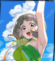 Rule 34 | 0364p, 1girl, :d, arm up, armpits, blue eyes, blue sky, blush, breasts, choker, green choker, green tube top, highres, light brown hair, looking at viewer, love live!, love live! superstar!!, medium breasts, multicolored hair, official alternate costume, open mouth, purple hair, short hair, sky, smile, solo, strapless, streaked hair, tang keke, tokonatsu sunshine, tube top