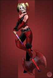 Rule 34 | 1girl, axe, batman (series), blonde hair, boots, breasts, dc comics, female focus, harley quinn, high heel boots, high heels, smile, solo, standing, twintails, weapon