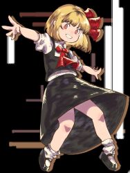 Rule 34 | 1girl, ascot, bare arms, bare legs, black background, black footwear, black skirt, black vest, blonde hair, bob cut, bow, bright pupils, clenched teeth, collared shirt, drop shadow, full body, grin, hair bow, highres, looking to the side, mary janes, oftooon, open hands, outstretched arms, rectangle, red ascot, red bow, red eyes, rumia, shirt, shoes, short hair, short sleeves, skirt, smile, socks, solo, standing, teeth, touhou, vest, white pupils, white shirt, white socks