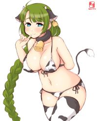 Rule 34 | 1girl, alternate costume, animal ears, animal print, artist logo, bikini, braid, breasts, cleavage, commentary request, cow ears, cow horns, cow print, cow tail, cowboy shot, dated, ear tag, fake animal ears, fake horns, front-tie top, green hair, highres, horns, index finger raised, kanon (kurogane knights), kantai collection, leaning forward, long hair, looking at viewer, mole, mole under mouth, one-hour drawing challenge, side-tie bikini bottom, simple background, single braid, solo, swimsuit, tail, thighhighs, very long hair, white background, white bikini, white thighhighs, yuugumo (kancolle)