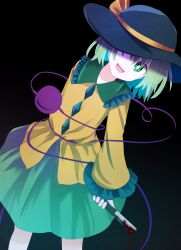 Rule 34 | 1girl, black background, black hat, blood, bloody knife, blouse, bow, bright pupils, buttons, crazy, diamond button, eyeball, feet out of frame, frilled shirt collar, frilled sleeves, frills, green eyes, green skirt, hat, hat bow, hat ribbon, highres, holding, holding knife, knife, komeiji koishi, light green hair, long sleeves, medium hair, open mouth, ribbon, rogu (log 264), shirt, skirt, smile, solo, third eye, touhou, wavy hair, wide sleeves, yellow bow, yellow ribbon, yellow shirt