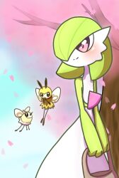 Rule 34 | 1girl, bag, black eyes, blue sky, blush, bob cut, cherry blossoms, closed mouth, colored skin, creatures (company), cutiefly, day, female focus, flat chest, full body, game freak, gardevoir, gen 3 pokemon, gen 7 pokemon, green hair, green skin, hair over one eye, handbag, happy, holding, holding bag, looking to the side, multicolored skin, nintendo, one eye covered, outdoors, own hands together, petals, pink eyes, pokemon, pokemon (creature), ribombee, short hair, sky, smile, solo focus, split mouth, standing, tree, two-tone skin, v arms, white skin, yuri (fl0werspace)