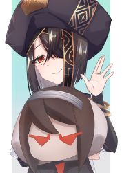 Rule 34 | 1girl, absurdres, black hair, black hat, bracelet, breasts, bridal gauntlets, brown eyes, chinese clothes, doll, fate/grand order, fate (series), hair over one eye, hat, highres, holding, holding doll, jewelry, long sleeves, looking at viewer, mole, mole under eye, robe, short hair, small breasts, smile, space xu fu (fate), white robe, xu fu (fate), yu mei-ren (fate), yu sakae