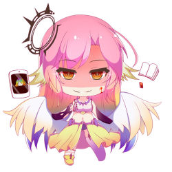 Rule 34 | 1girl, angel wings, asymmetrical legwear, azriel (no game no life), bad id, bad pixiv id, blood, blood on face, book, breasts, chibi, commentary request, spiked halo, crop top, cross, evil grin, evil smile, feathered wings, gloves, gradient eyes, gradient hair, gradient wings, grin, halo, jibril (no game no life), kana (ky4696), large breasts, long hair, low wings, lowres, magic circle, midriff, mismatched legwear, multicolored eyes, multicolored hair, multicolored wings, navel, no game no life, orange eyes, pink hair, shoes, single shoe, smile, symbol-shaped pupils, tablet pc, tattoo, very long hair, white wings, wing ears, wings, yellow eyes