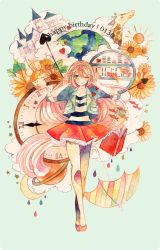 Rule 34 | 1girl, animal, arms up, bare legs, book, castle, clock, cloud, crescent moon, cropped jacket, digital clock, earth (planet), eko (ecology), fish, flats, flower, frills, giraffe, green background, green eyes, happy birthday, headphones, heart, heart beats (vocaloid), highres, jacket, legs, long hair, looking at viewer, megurine luka, moon, one eye closed, open mouth, painting (medium), pink hair, planet, pocket watch, saturn (planet), shirt, shoes, simple background, skirt, smile, solo, striped, sun, t-shirt, text focus, traditional media, umbrella, very long hair, vocaloid, watch, water drop, watercolor (medium), wink