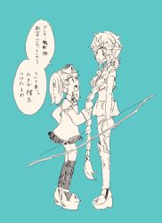 Rule 34 | 2girls, aqua background, asymmetrical hair, bow (weapon), braid, breasts, collared shirt, commentary, crying, crying with eyes open, eye contact, from side, full body, hair ornament, hip vent, holding, holding another&#039;s hair, holding bow (weapon), holding weapon, japanese clothes, kantai collection, kariginu, kneehighs, long hair, long sleeves, looking at another, magatama, midriff, miniskirt, multiple girls, platform footwear, pleated skirt, ribbon, ribbon-trimmed sleeves, ribbon trim, ryuujou (kancolle), shirt, shocox3s, shoes, short sleeves, simple background, single braid, skirt, socks, speech bubble, tears, translated, twintails, unryuu (kancolle), very long hair, visor cap, weapon