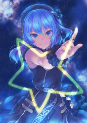 Rule 34 | 1girl, belt, belt buckle, beret, black dress, blue eyes, blue hair, buckle, closed mouth, commentary request, dress, eyebrows hidden by hair, flat chest, hat, highres, hololive, hoshimachi suisei, hoshimachi suisei (streetwear), index finger raised, jewelry, long hair, looking at viewer, milky way, nanakusa, one side up, outstretched arm, ring, scrunchie, sky, sleeveless, sleeveless dress, smile, snap-fit buckle, space, star (sky), star (symbol), star in eye, starry sky, symbol in eye, virtual youtuber, wrist scrunchie