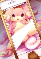 Rule 34 | artist request, audino, cellphone, convenient censoring, creatures (company), furry, game freak, gen 5 pokemon, highres, nintendo, open mouth, phone, pokemon, pokemon (creature), purple eyes, smartphone