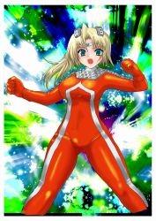 Rule 34 | 1girl, arai kojiro, blonde hair, border, breasts, clenched hand, fighting stance, gender request, genderswap, green eyes, highres, large breasts, long hair, open mouth, personification, solo, tokusatsu, ultra series, ultraseven, ultraseven (series)
