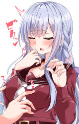 Rule 34 | 1girl, 1other, ^^^, absurdres, assault lily, belt, belt buckle, blush, braid, breast poke, breasts, brown belt, brown sailor collar, buckle, cleavage, closed eyes, collarbone, commentary request, grey hair, hair ribbon, hand to own mouth, hands up, heart, high-waist skirt, highres, kanba girls high school uniform, kon kanaho, large breasts, long hair, long sleeves, necktie, open mouth, out of frame, poking, purple ribbon, raised eyebrows, red shirt, red skirt, ribbon, sailor collar, school uniform, serafuku, shirt, short necktie, side braid, simple background, skirt, solo focus, spoken heart, translated, upper body, very long hair, white background, white necktie, ya-man