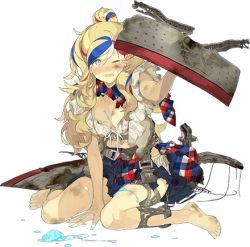 Rule 34 | 10s, 1girl, :q, akira (kadokawa), blonde hair, blouse, blue eyes, blue hair, breasts, cleavage, commandant teste (kancolle), food, full body, hair ornament, ice cream, kantai collection, kneeling, long hair, looking at viewer, lowres, multicolored hair, official art, red hair, sandals, shirt, sitting, skirt, solo, streaked hair, tongue, tongue out, torn clothes, transparent background, white hair