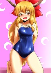 Rule 34 | 1girl, blue one-piece swimsuit, bow, breasts, brown eyes, chain, competition school swimsuit, d-m (dii emu), hair bow, highres, horn ornament, horn ribbon, horns, ibuki suika, long hair, looking at viewer, one-piece swimsuit, oni, open mouth, orange hair, ribbon, school swimsuit, small breasts, smile, solo, swimsuit, touhou