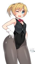 Rule 34 | &gt;;d, 10s, 1girl, 2015, ;d, aqua eyes, black pantyhose, blonde hair, blue eyes, blush, bow, bowtie, covered navel, dated, detached collar, gloves, hand on own hip, highres, kantai collection, kuro chairo no neko, leotard, maikaze (kancolle), one eye closed, open mouth, pantyhose, paw print, playboy bunny, short hair, short ponytail, simple background, smile, solo, v-shaped eyebrows, vest, white background, white gloves