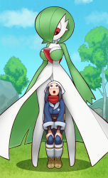 Rule 34 | 2girls, akari (pokemon), alpha pokemon, alternate size, awestruck, black hair, breasts, creatures (company), galaxy expedition team survey corps uniform, game freak, gardevoir, gen 3 pokemon, grass, green hair, hands on own knees, head scarf, highres, loodncrood, looking at another, looking up, multiple girls, nintendo, open mouth, pokemon, pokemon (creature), pokemon legends: arceus, red scarf, rock, scarf, tree